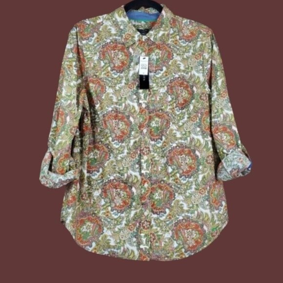 Talbots Womens Yellow Green Paisley Floral Print Button Up Shirt Size 12 NWT - Picture 1 of 5